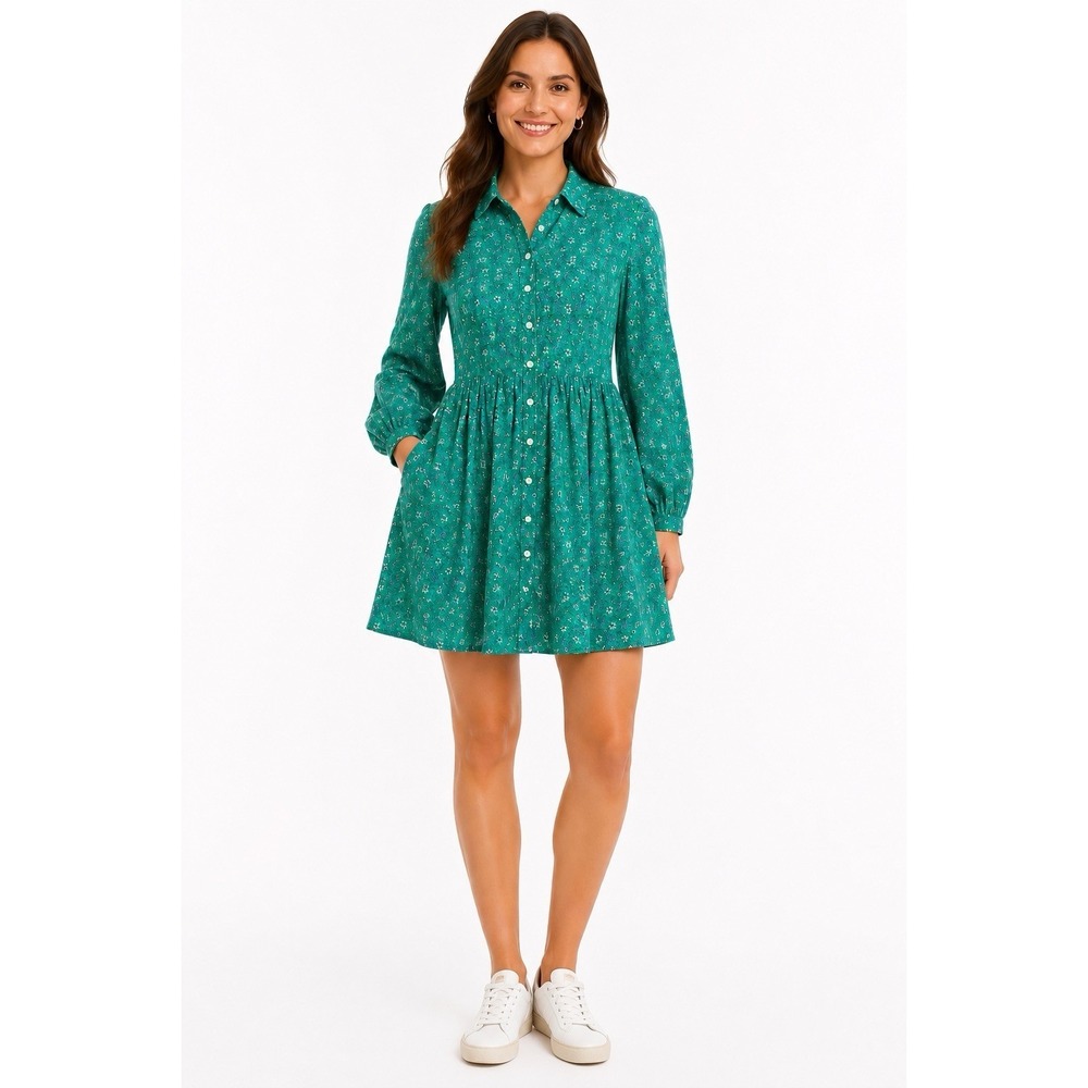 J.Crew Green Floral Shirt Dress Size 14‎ Cottagecore Prairie Button Front Cotton